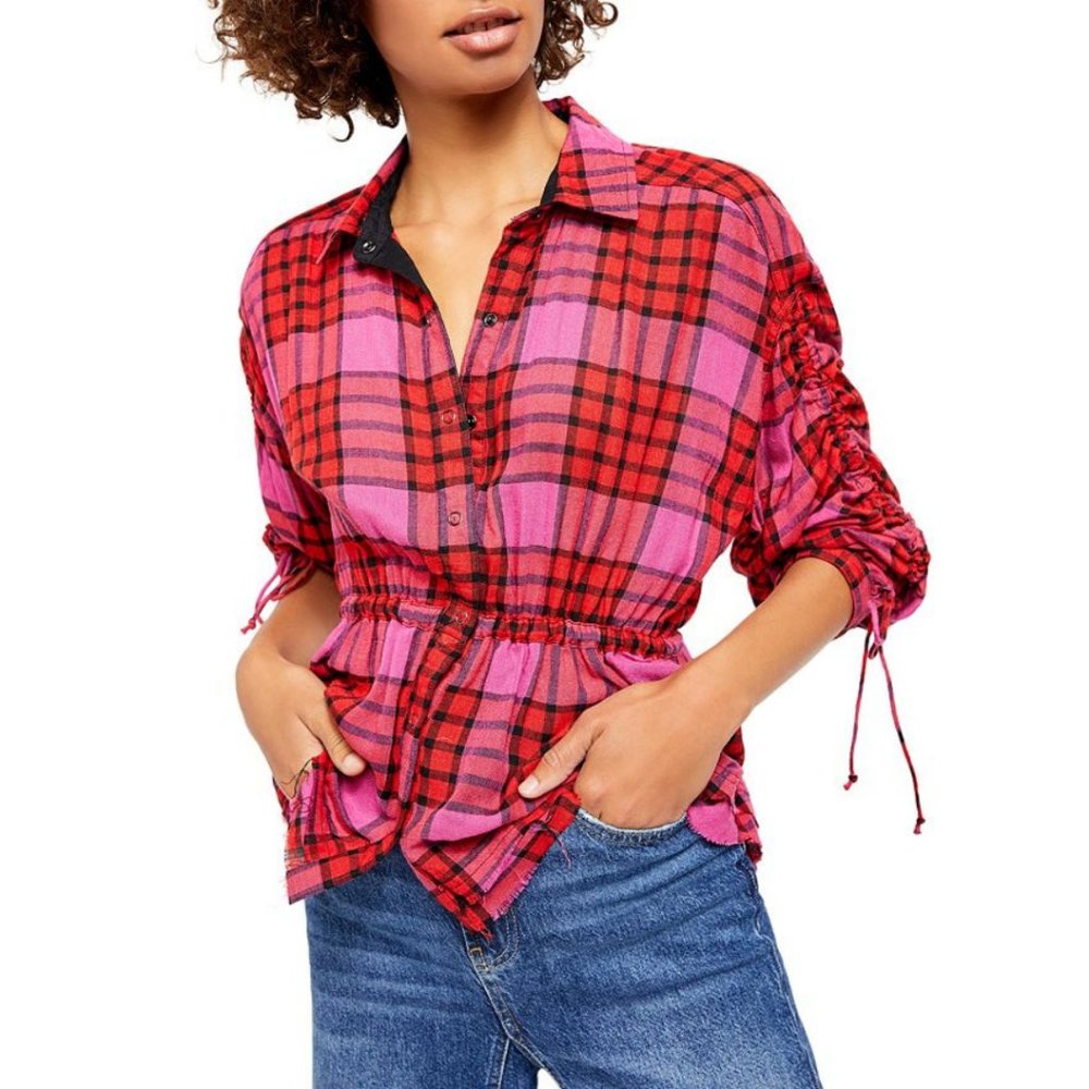 NWT Free People Pacific Dawn Drawstring Plaid Peplum Shirt